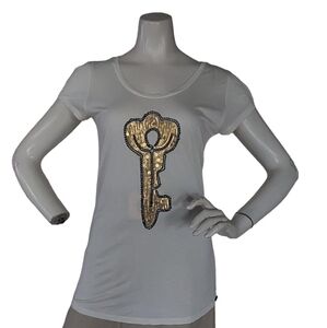 Armani Exchange White and Gold Key Design Women's Top